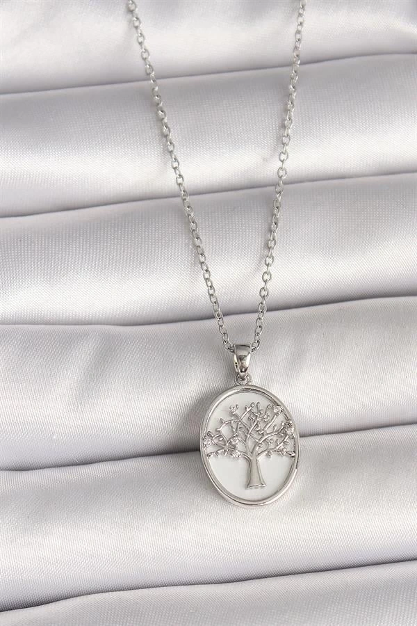316L Çelik Gümüş Renk Zincir Zirkon Taş İşlemeli Beyaz Mineli Ağaç İşlemeli Portre Model Kadın Kolye