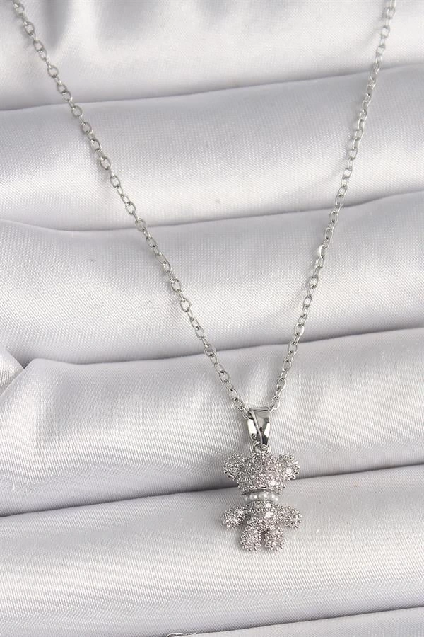 316L Çelik Gümüş Renk Zincir Zirkon Taşlı Ayıcık Figür Kadın Kolye