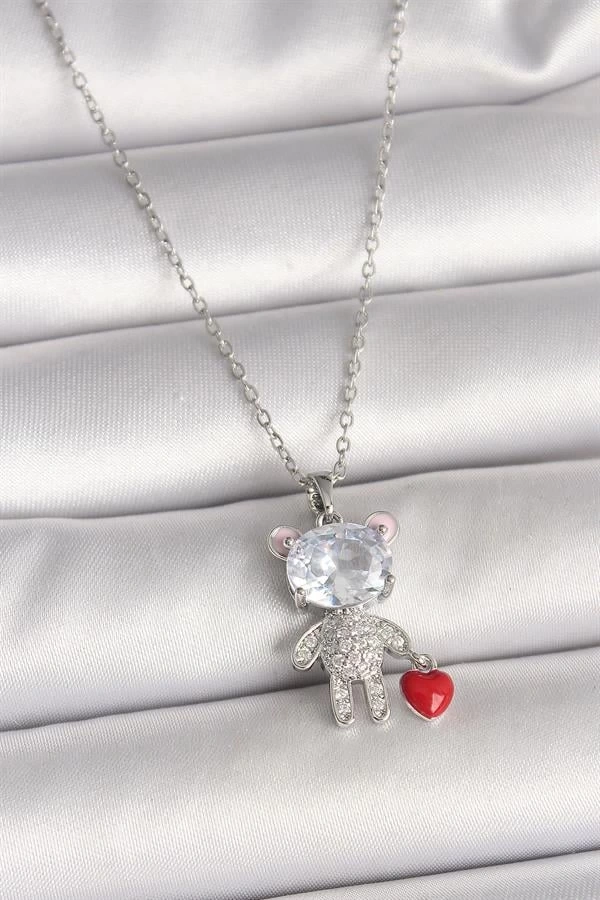 316L Çelik Gümüş Renk Zincir Zirkon Taşlı Ayıcık Model Kırmızı Kalp Detay Kadın Kolye