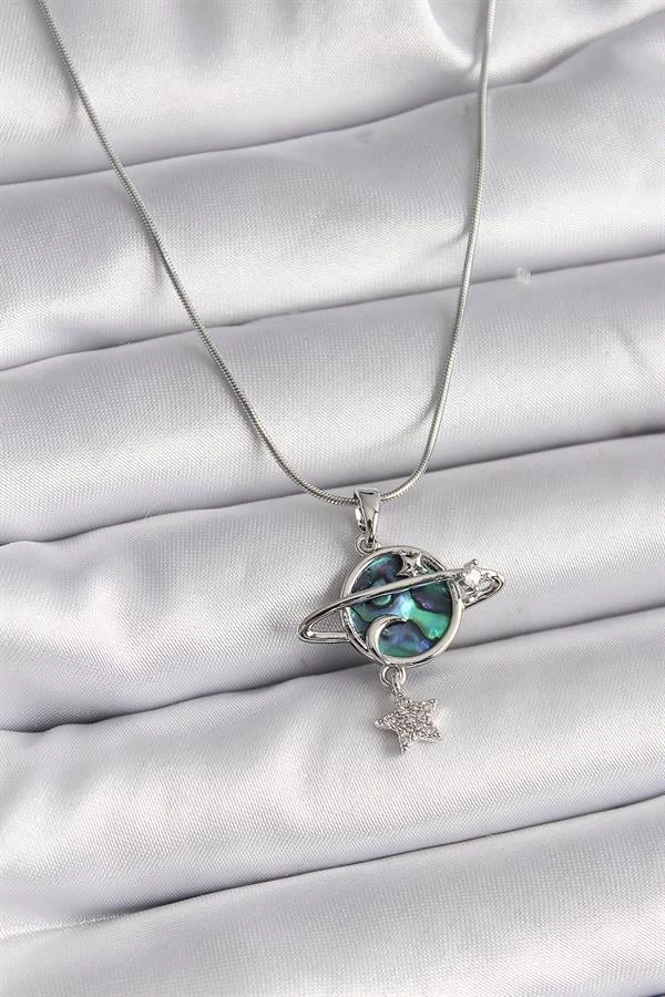 316L Çelik Gümüş Renk Zincir Zirkon Taşlı Gezegen Model Kadın Kolye