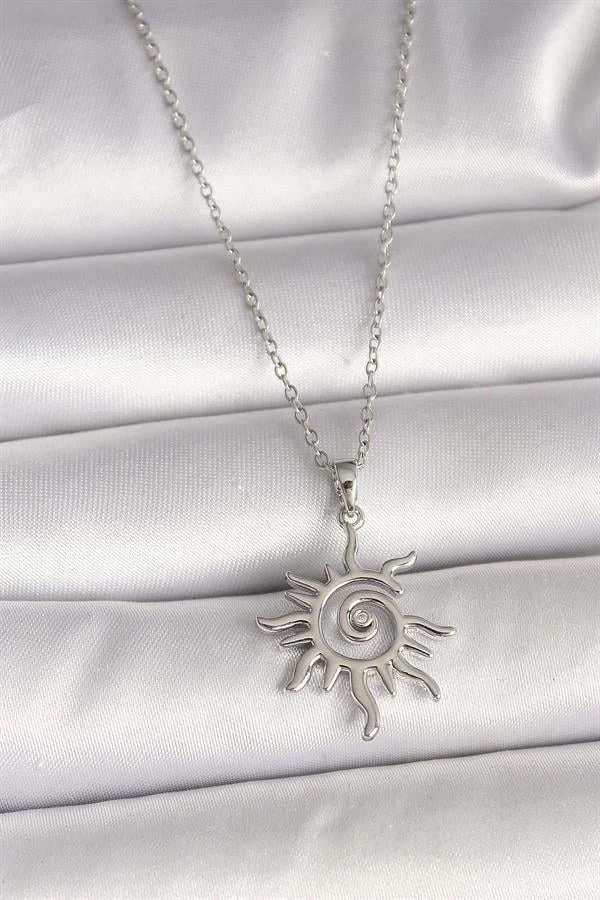 316L Çelik Gümüş Renk Zincir Zirkon Taşlı Güneş Model Kadın Kolye