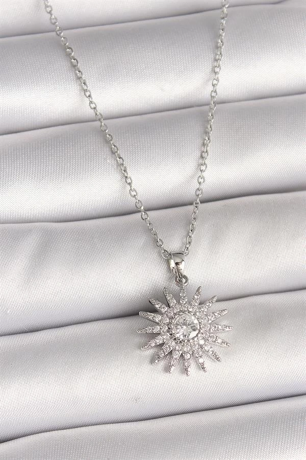 316L Çelik Gümüş Renk Zincir Zirkon Taşlı Güneş Model Kadın Kolye