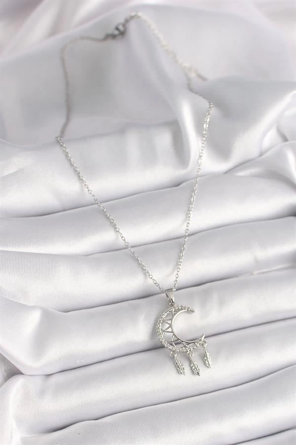 316L Çelik Gümüş Renk Zincir Zirkon Taşlı Hilal Model Sallantı Yaprak Detay Kadın Kolye