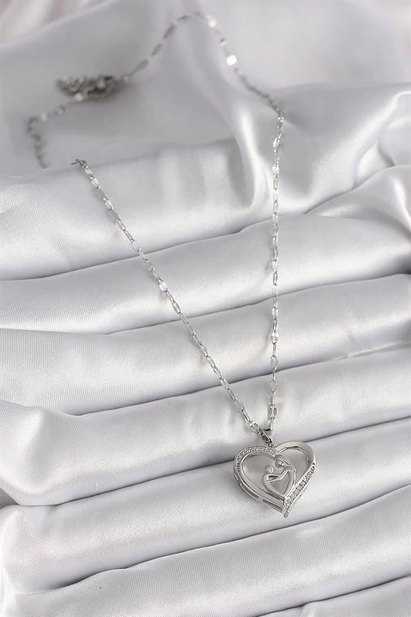 316L Çelik Gümüş Renk Zincir Zirkon Taşlı Kalp Anne Çocuk Figür Kadın Kolye