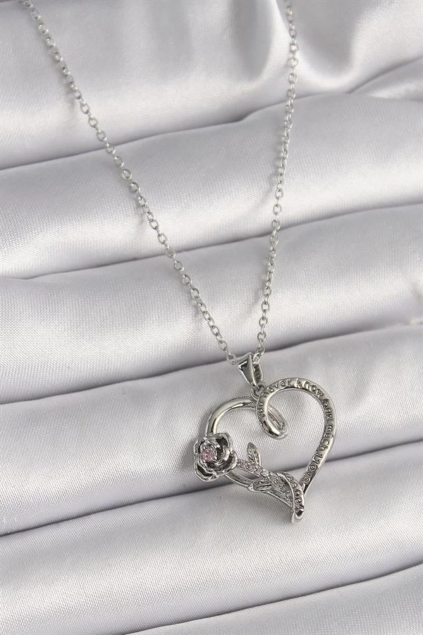 316L Çelik Gümüş Renk Zincir Zirkon Taşlı Kalp Figür Gül Detay Kadın Kolye