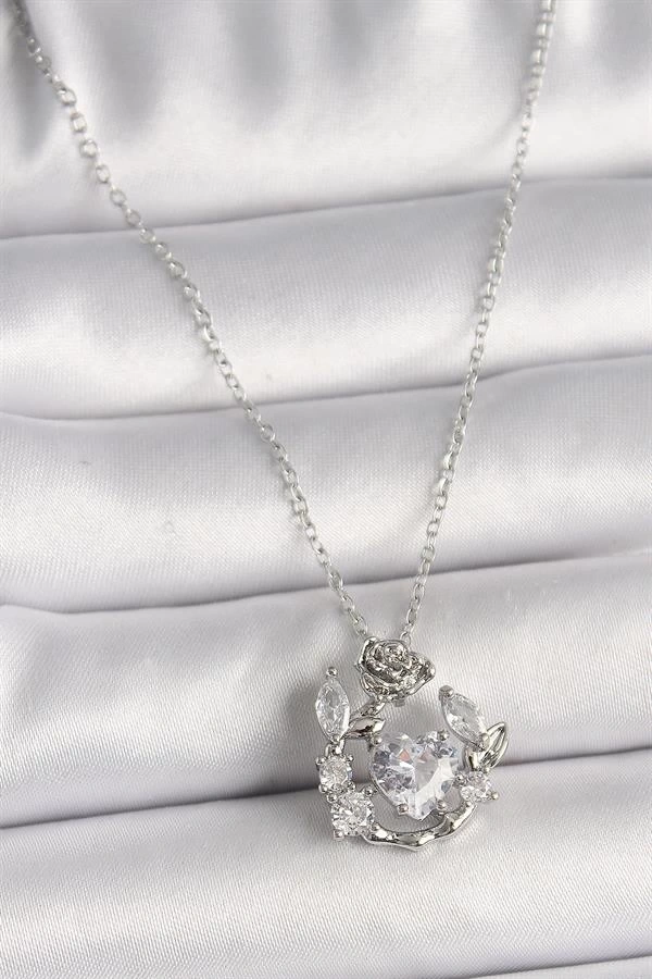 316L Çelik Gümüş Renk Zincir Zirkon Taşlı Kalp Figür Gül Detay Kadın Kolye