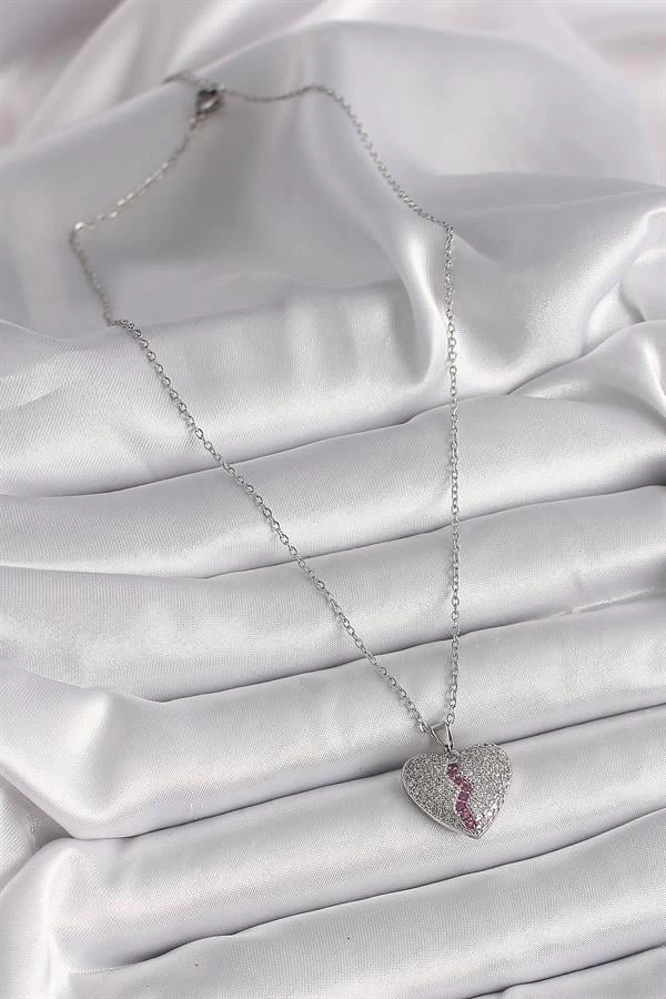 316L Çelik Gümüş Renk Zincir Zirkon Taşlı Kalp Model Kadın Kolye