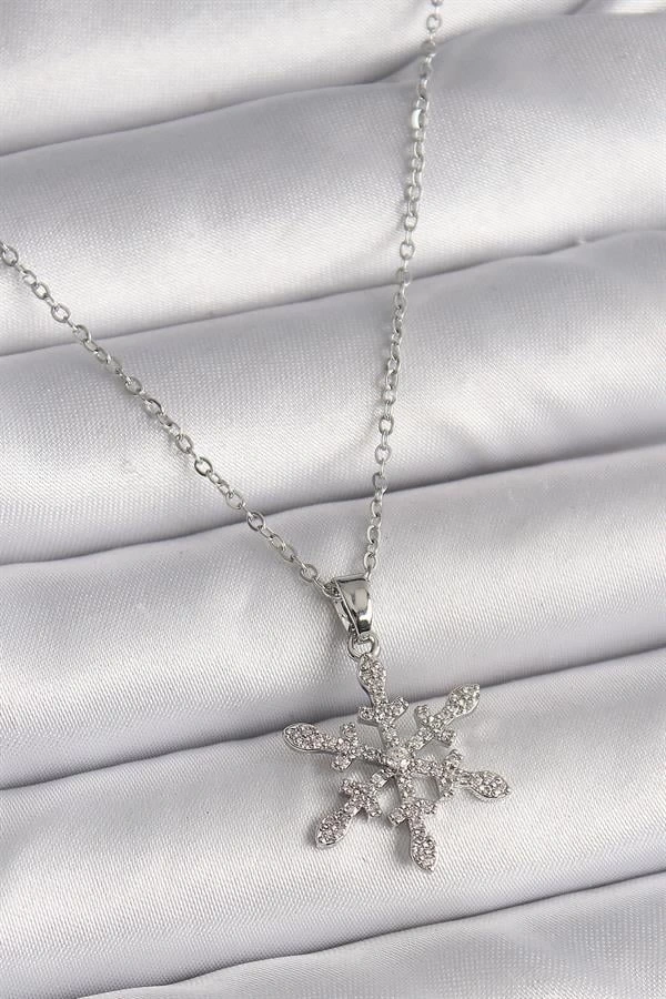 316L Çelik Gümüş Renk Zincir Zirkon Taşlı Kar Tanesi Model Kadın Kolye