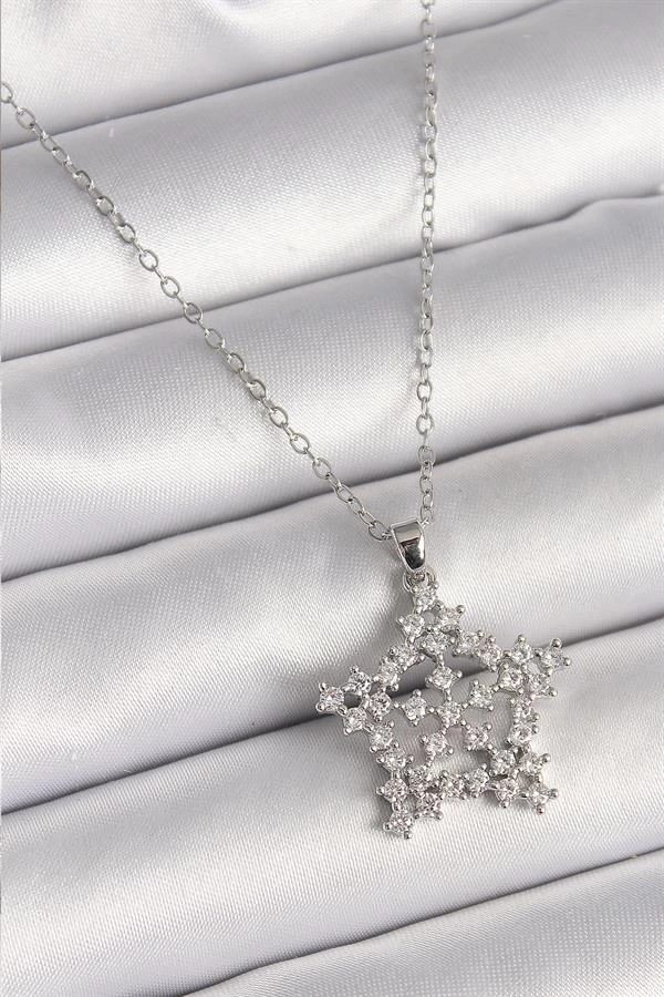 316L Çelik Gümüş Renk Zincir Zirkon Taşlı Kar Tanesi Model Kadın Kolye