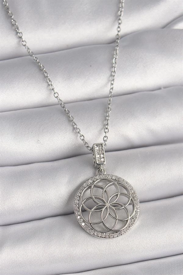 316L Çelik Gümüş Renk Zincir Zirkon Taşlı Lotus Model Kadın Kolye