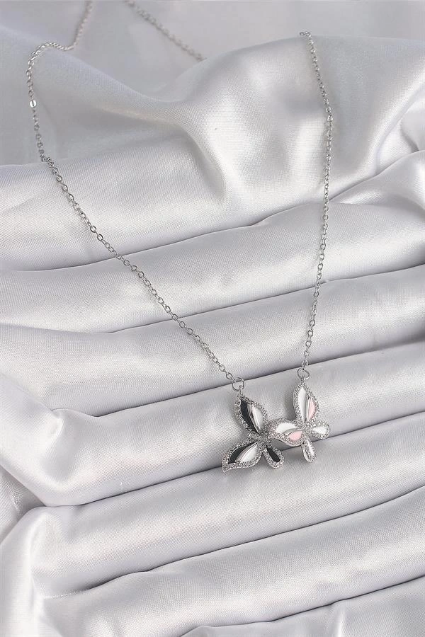 316L Çelik Gümüş Renk Zincir Zirkon Taşlı Renkli Kelebek Model Kadın Kolye