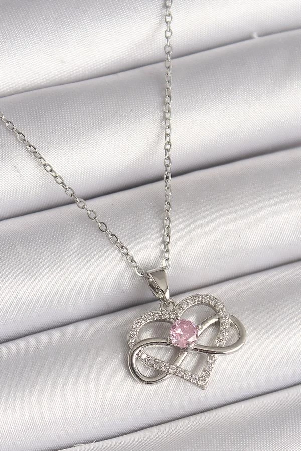 316L Çelik Gümüş Renk Zincir Zirkon Taşlı Sonsuzluk Kalp Model Kadın Kolye