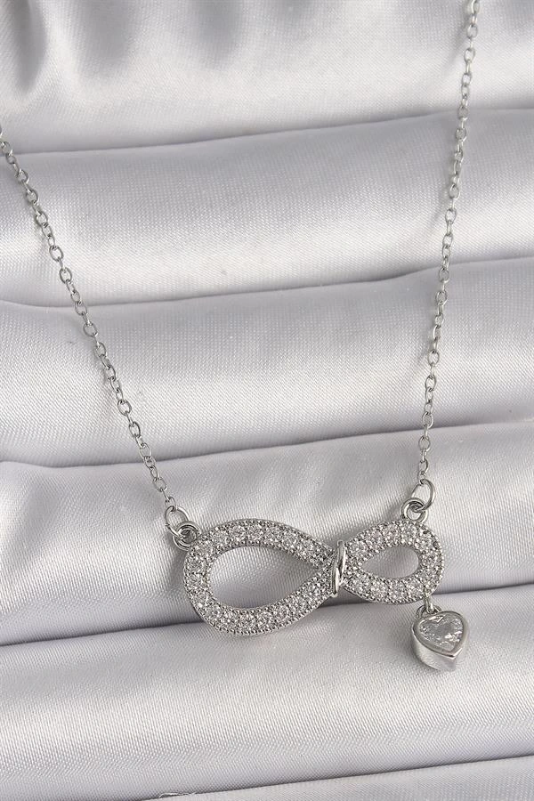 316L Çelik Gümüş Renk Zincir Zirkon Taşlı Sonsuzluk Model Taşlı Kalp Detay Kadın Kolye