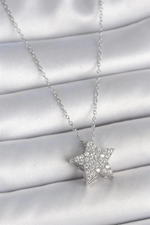 316L Çelik Gümüş Renk Zincir Zirkon Taşlı Yıldız Model Kadın Kolye