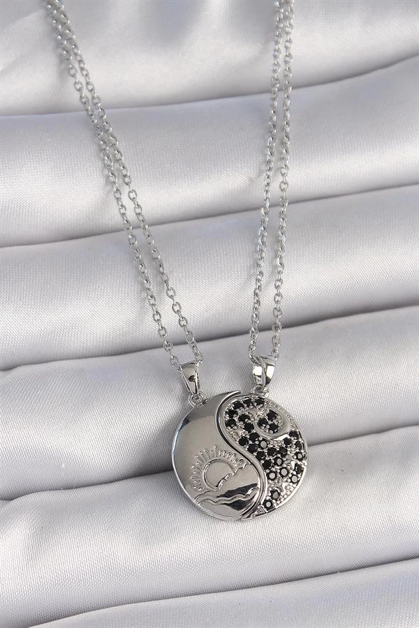 316L Çelik Gümüş Renk Zincir Zirkon Taşlı Ying Yang Model Gün Batımı İşlemeli Arakdaşlık Kadın Kolye