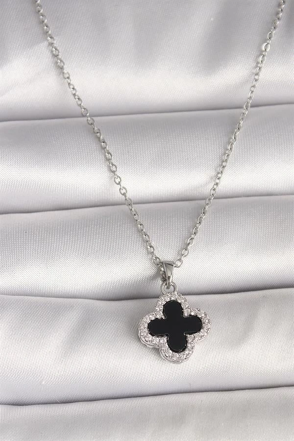 316L Çelik Gümüş Renk Zincir Zirkon Taşlı Yonca Model Kadın Kolye