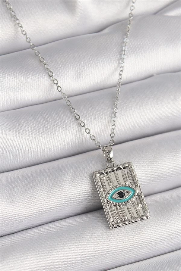 316L Çelik Gümüş Renk Zirkon Taşlı Göz İşleme Detaylı Plaka Model Kadın Kolye