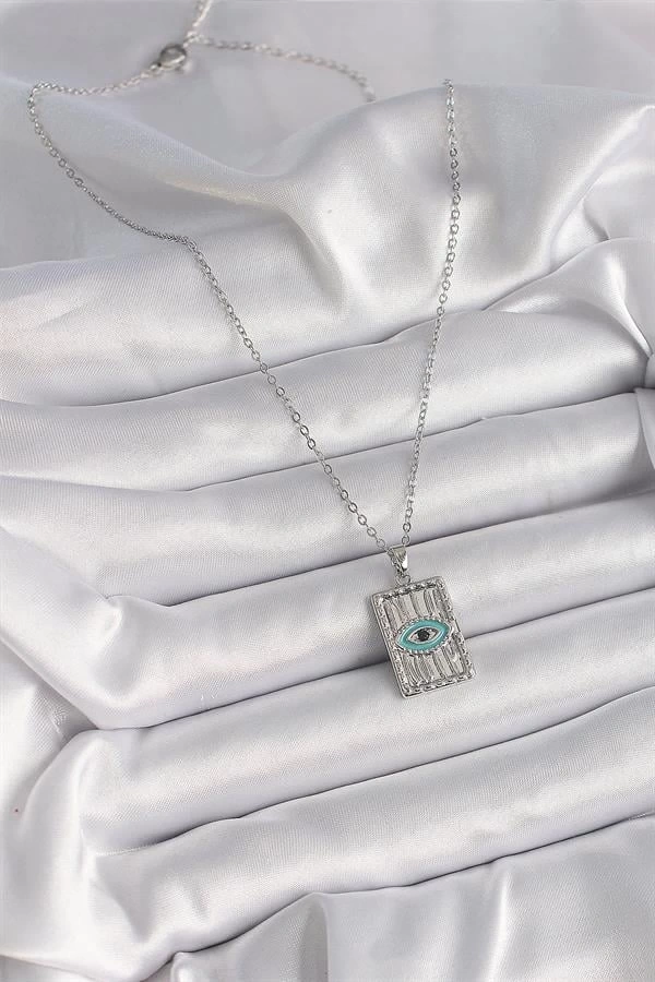 316L Çelik Gümüş Renk Zirkon Taşlı Göz İşleme Detaylı Plaka Model Kadın Kolye