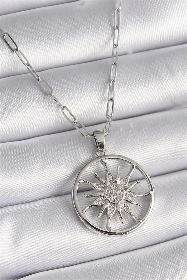 316L Çelik Gümüş Renk Zirkon Taşlı Güneş Madalyon Model Kadın Kolye