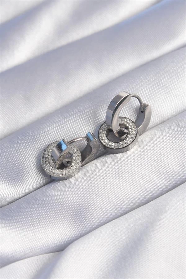 316L Çelik Gümüş Renk Zirkon Taşlı İç İçe Geçmeli Oval Küpe