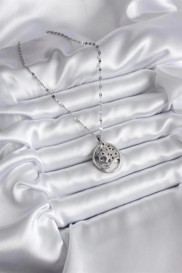 316L Çelik Gümüş Renk Zirkon Taşlı Jaguar Model Kadın Kolye