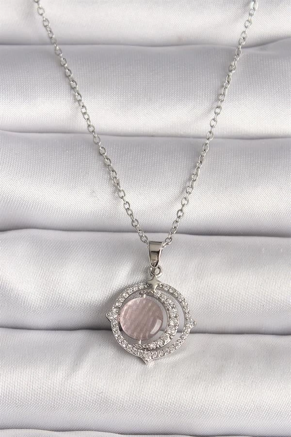 316L Çelik Gümüş Renk Zirkon Taşlı Pembe Sedefli Hilal Model Kadın Kolye