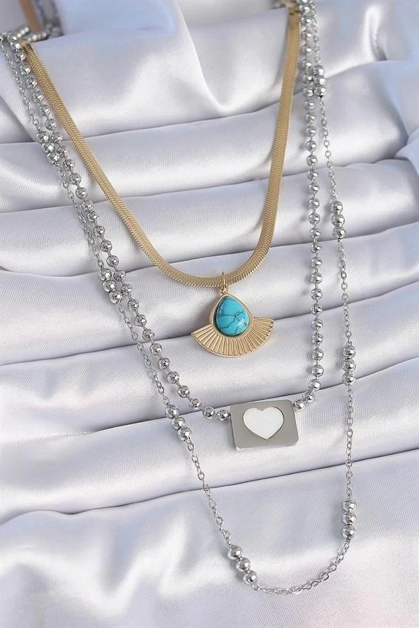 316L Çelik Mix Renk 3lü Zincir Damla Madalyon Figür Uzun Kadın Kolye