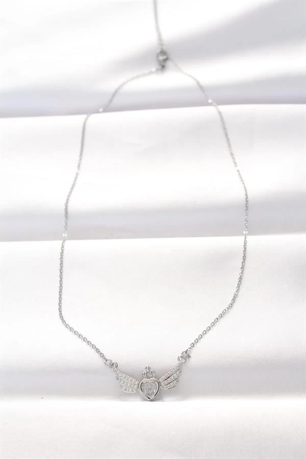 316L Çelik Silver Renk Zirkon Taşlı Kalpli Kanat Kolye