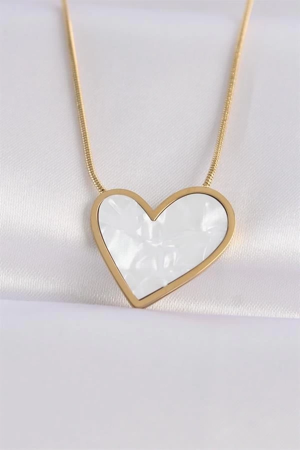 316L Çelik Zincir Altın Renk Mermer Desenli Kalp Kolye