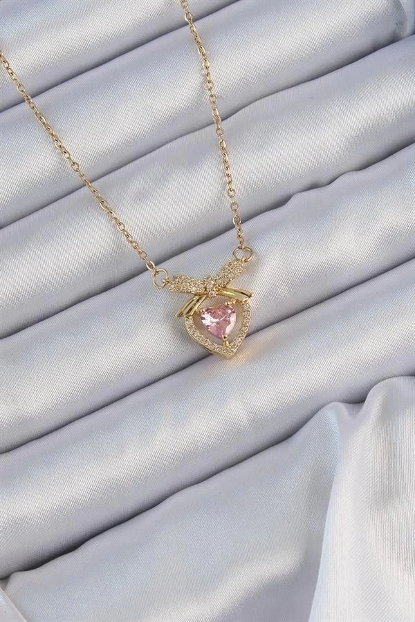 316L Çelik Zincir Altın Renk Pembe Zirkon Taşlı Fiyonklu Kalp Kolye