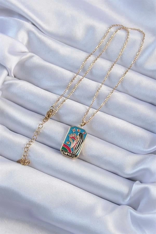 316L Çelik Zincir Altın Renk Taç ve Kız Figürlü Renkli Mineli Tarot Kolye
