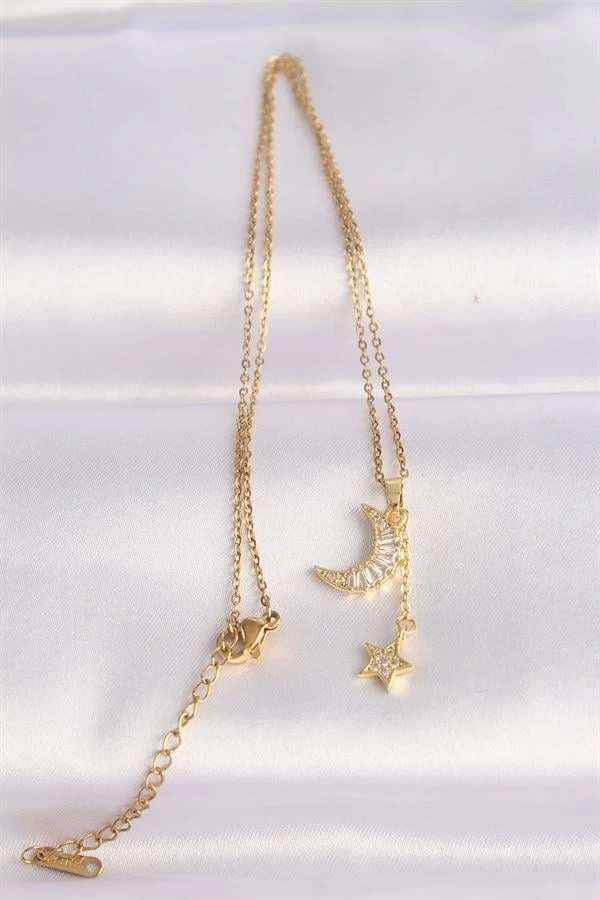 316L Çelik Zincir Altın Renk Zirkon Taşlı Ay Yıldız Kolye