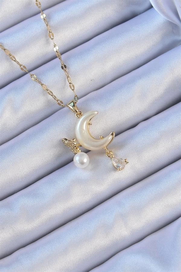 316L Çelik Zincir Altın Renk Zirkon Taşlı Kelebekli Mineli Ay Kolye