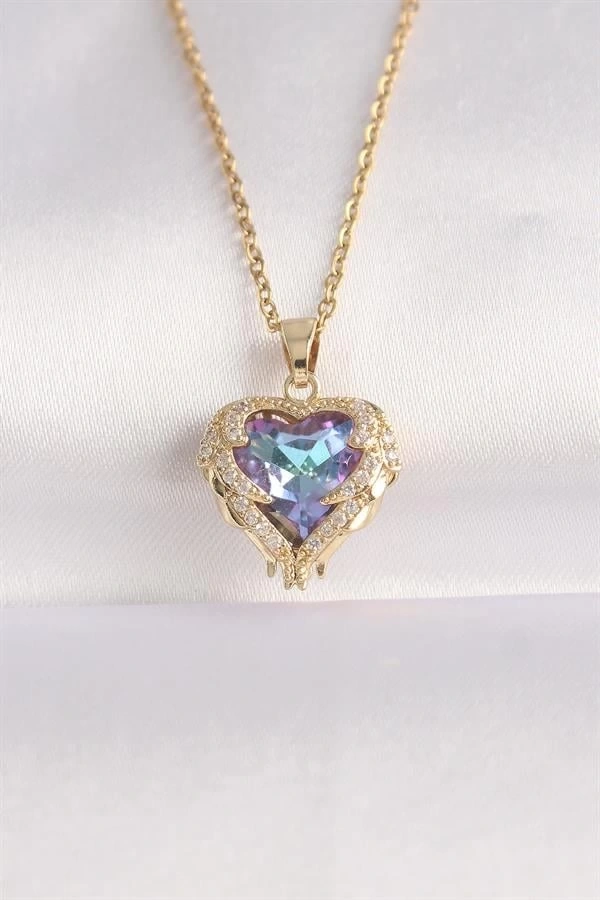316L Çelik Zincir Altın Renk Zirkon Taşlı Mavi Mor Renkli Kalp Figür Kolye