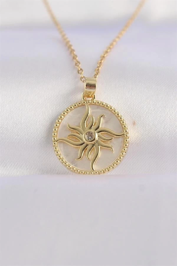 316L Çelik Zincir Altın Renk Zirkon Taşlı Oval Tasarım Güneş Kolye