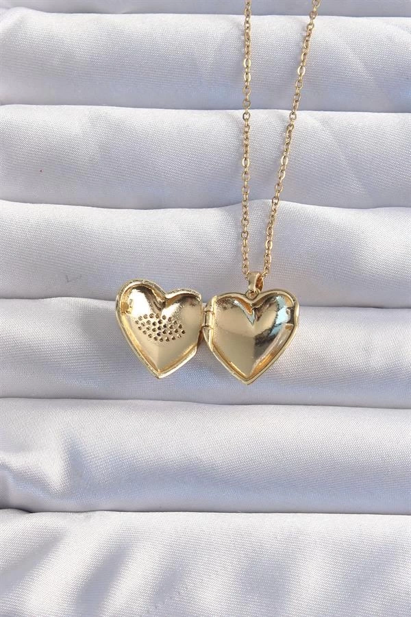 316L Çelik Zincir Gold Renk Zirkon Taşlı Göz Figürlü İçi Açılabilir Kalp Model Kolye