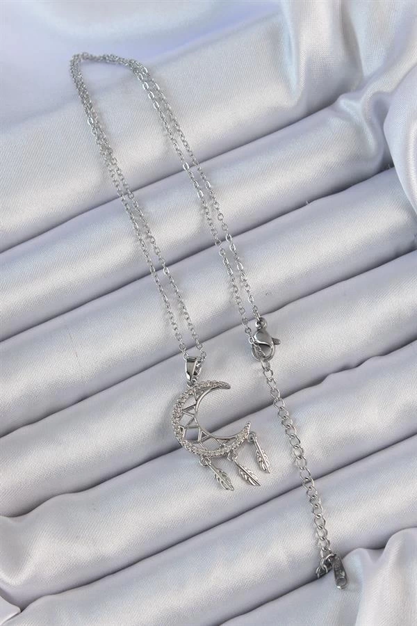 316L Çelik Zincir Gümüş Renk İşlemeli Zirkon Taşlı Ay Kolye