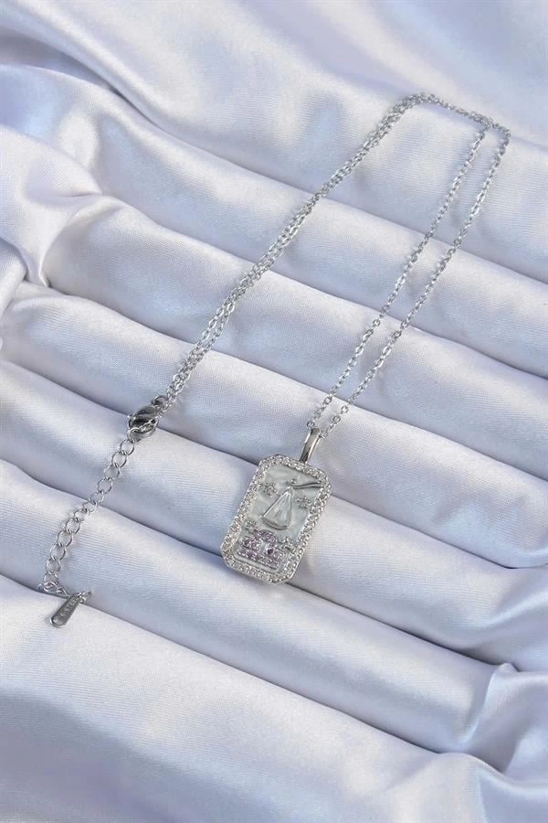 316L Çelik Zincir Gümüş Renk Lila Zirkon Taşlı Tarot Kolye