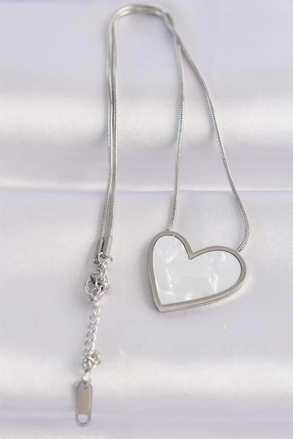 316L Çelik Zincir Gümüş Renk Mermer Desenli Kalp Kolye