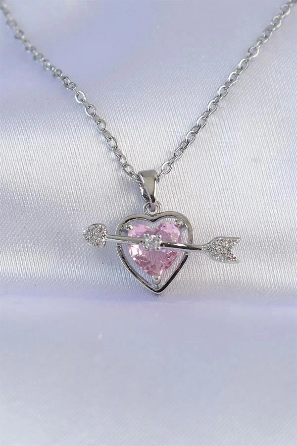 316L Çelik Zincir Gümüş Renk Pembe Zirkon Taşlı Eros Kolye