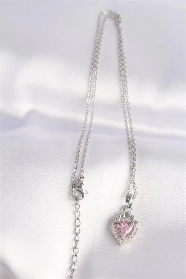 316L Çelik Zincir Gümüş Renk Pembe Zirkon Taşlı Rapunzel Kolye