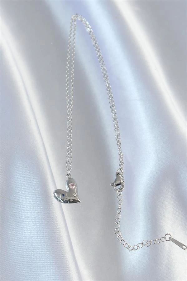 316L Çelik Zincir Gümüş Renk Renkli Zirkon Taşlı Kalp Kolye