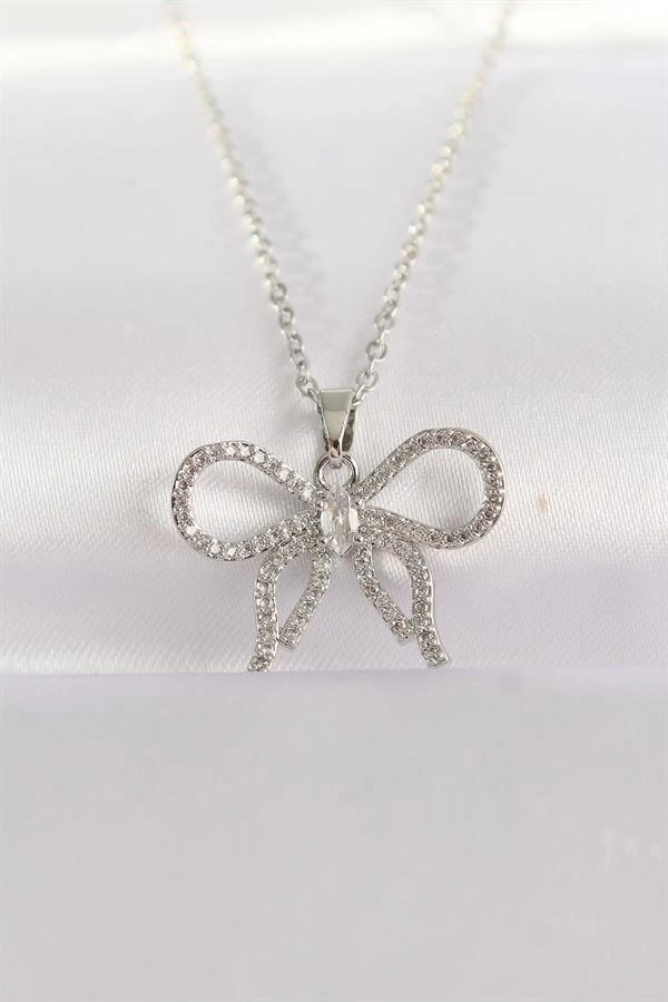 316L Çelik Zincir Gümüş Renk Zirkon Taşlı Fiyonk Kolye