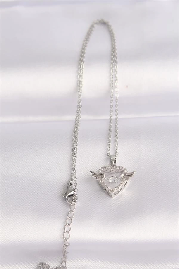 316L Çelik Zincir Gümüş Renk Zirkon Taşlı Kanatlı Kalp Kolye
