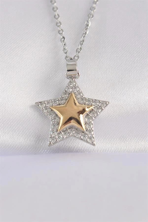 316L Çelik Zincir Gümüş Renk Zirkon Taşlı Tasarım Altın Renk Yıldız Kolye