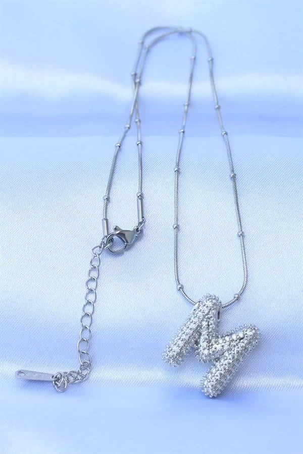 316L Çelik Zincirli Zirkon Taşlı M Harfli Gümüş Renk Bubble Kolye