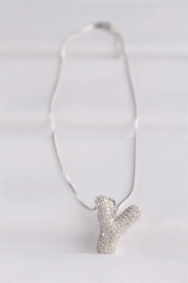 316L Çelik Zincirli Zirkon Taşlı Y Harfli Silver Renk Bubble Kolye