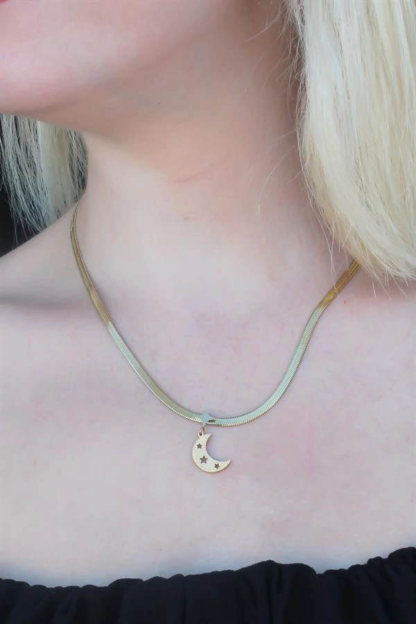 316L Kararmaz Çelik Gold Renk İtalyan Zincirli Hilal Model Kadın Kolye