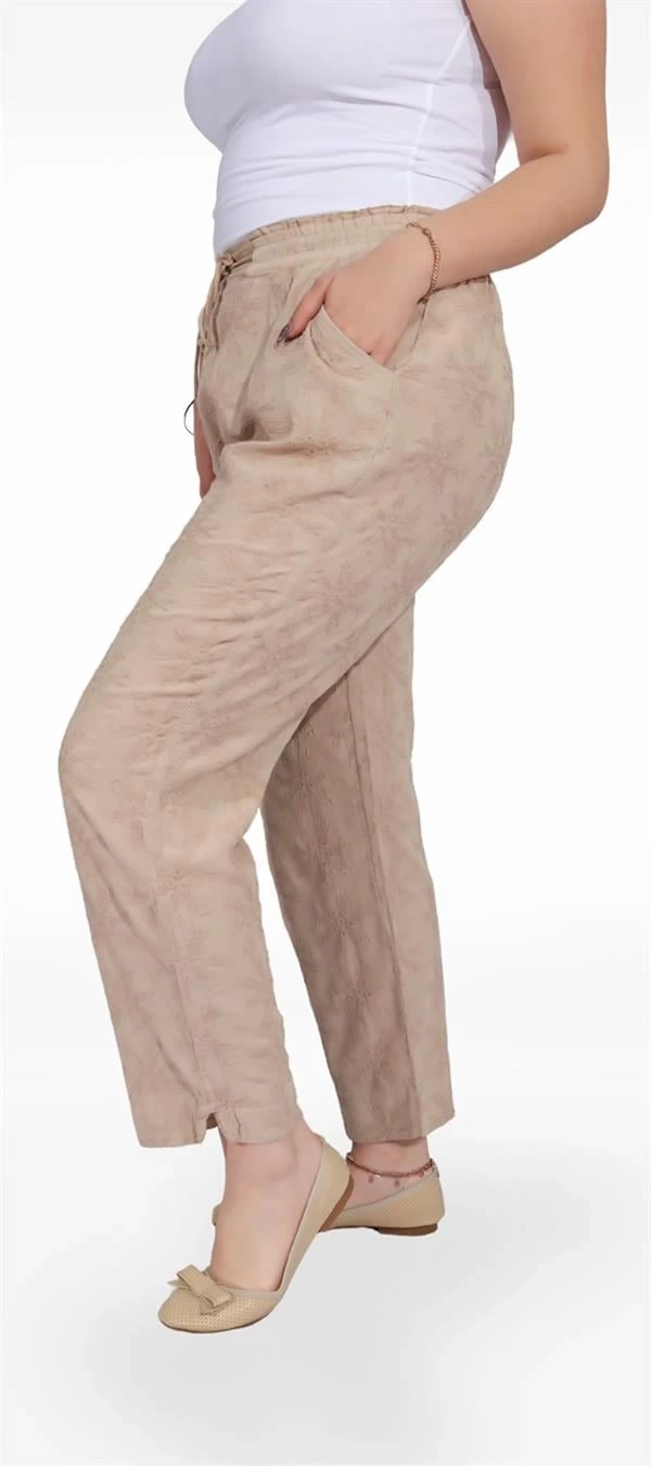 325001 Beli Lastikli Dantel Çiçek Desenli Keten Kadın Pantolon Bej