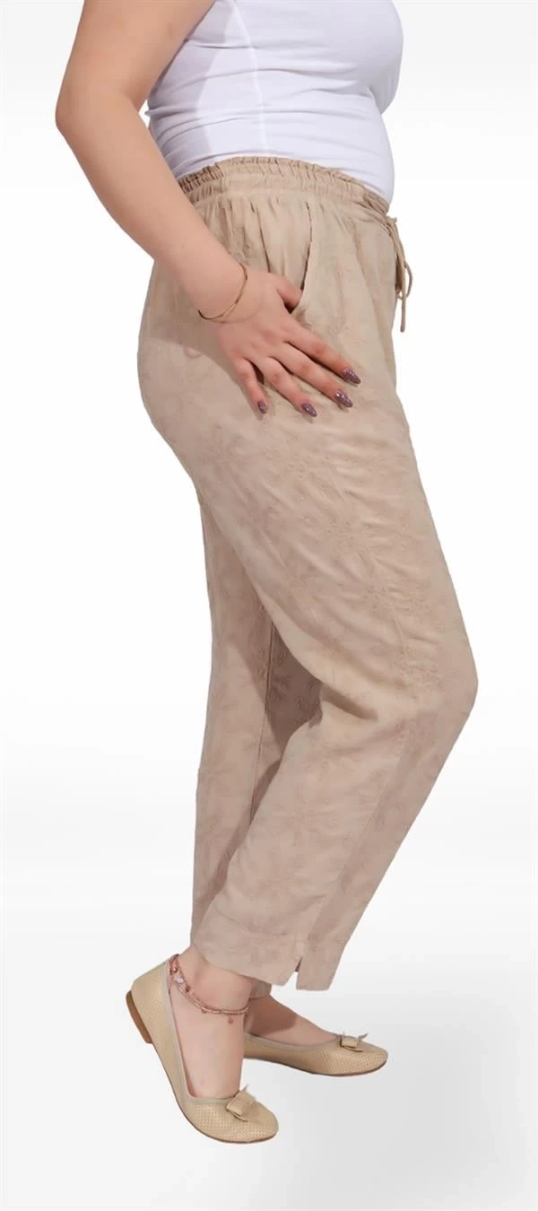 325001 Beli Lastikli Dantel Çiçek Desenli Keten Kadın Pantolon Bej